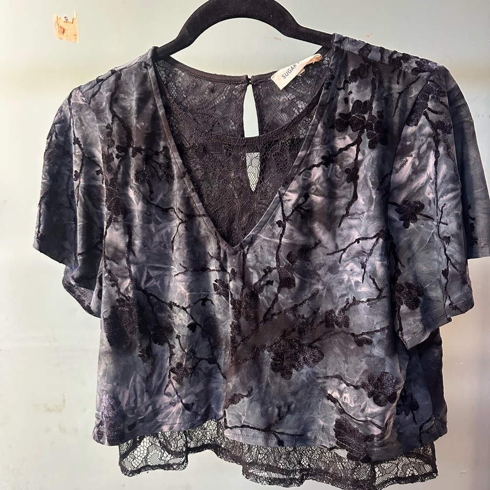 Black and Dark Teal Floral Lace Burnout Crop Blouse Size S